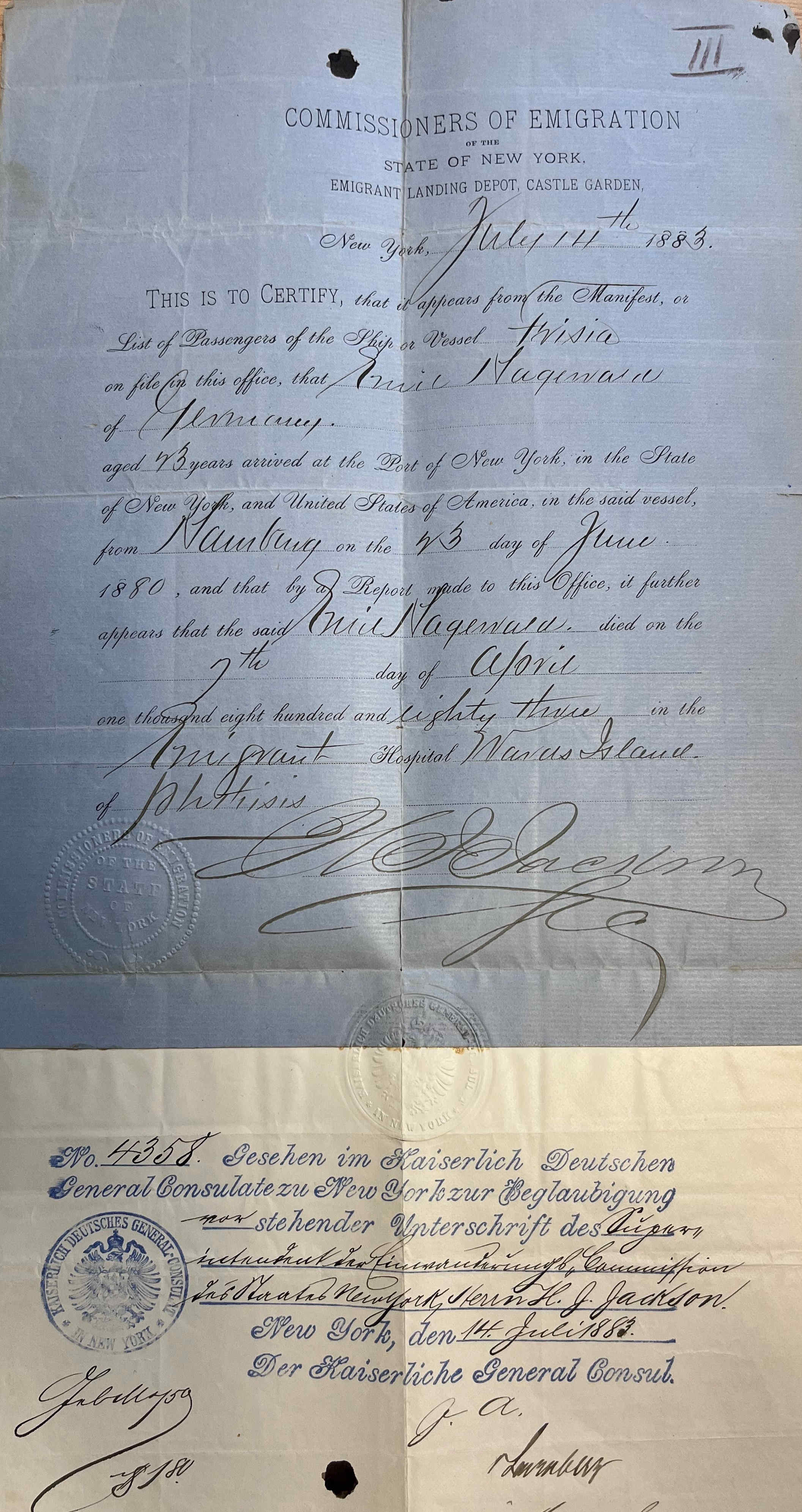 Formularvordruck mit handschriftlichen Eintragungen, Papiersiegel und Stempel