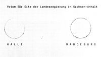 Detail aus dem Stimmzettel zur Abstimmung über den Sitz der Landesregierung in Sachsen-Anhalt, ein Kreis mit Beschriftung "Halle" und ein zweiter mit der Beschriftung "Magdeburg" 