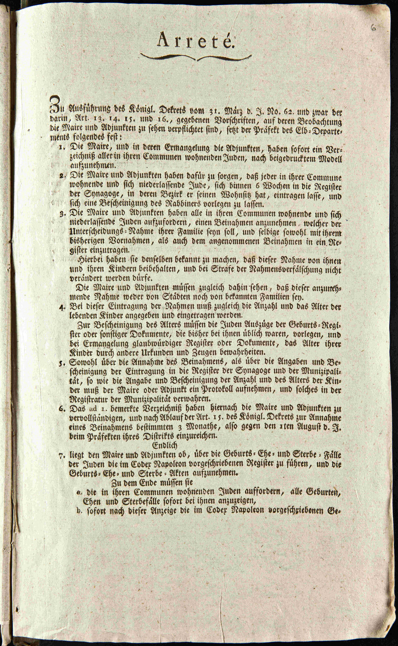 Dekret zur Einrichtung eines Konsistoriums und Bestellung von Syndiken zur Aufsicht über den jüdischen Gottesdienst vom 31. März 1808 (LASA, B 19d, Nr. 100, Bl. 6 VS)