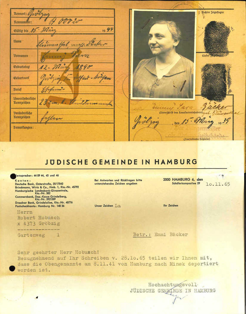 Kennkarte für Emmy Sara Bäcker aus Gröbzig, 1939 (LASA, E 224, Nr. 56)