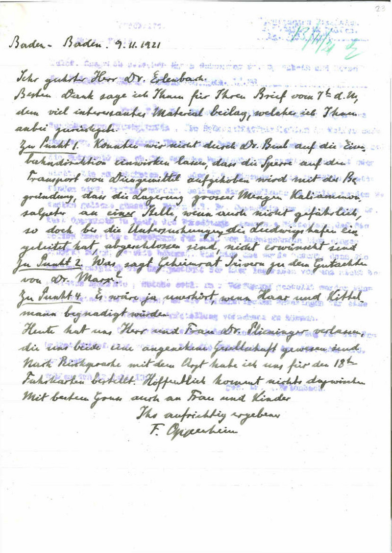 Schreiben Franz Oppenheims an Arnold Erlenbach, Baden-Baden, 9. November 1921 (LASA, I 532, Nr. 535, Bl. 23) 