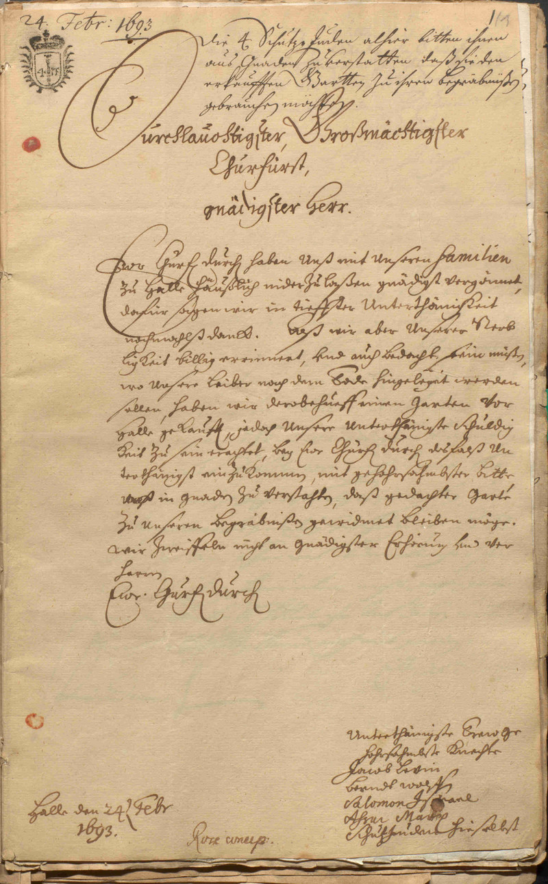 Bittschrift zur Errichtung eines jüdischen Friedhofes in Halle an der Saale im Jahr 1693 (LASA A 5, Nr. 722a Bl. 1-1)