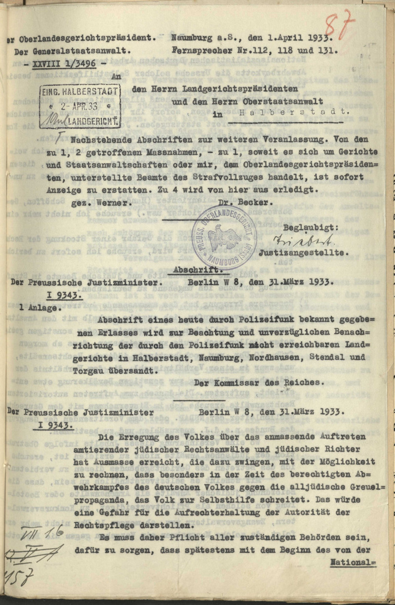 Abschrift des per Funkspruch übermittelten Erlasses des Reichskommissars für das Preußische Justizministerium vom 31. März 1933 (LASA, C 128 Halberstadt, Nr. 220, Bl. 87)