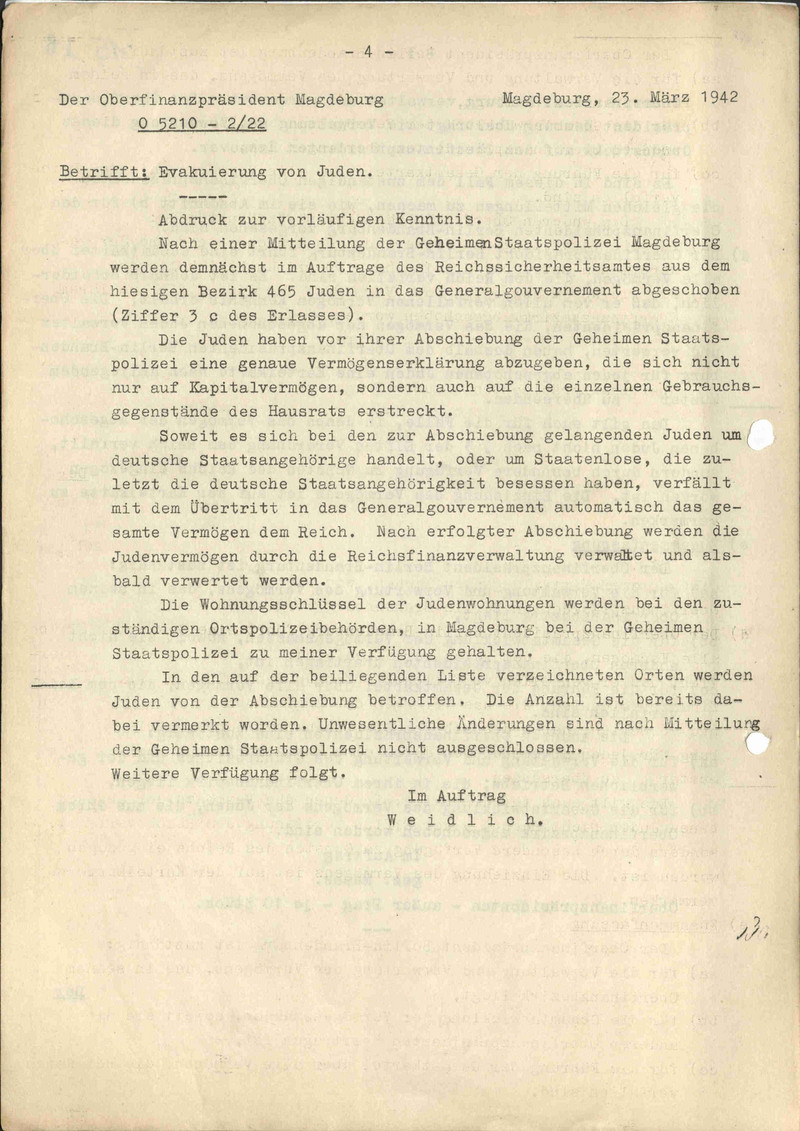 Schreiben des Oberfinanzpräsidenten Magdeburg vom 23.März 1942 an die Finanzämter, die für die Einziehung und Verwertung des jüdischen Vermögens in den in der Liste genannten Orten zuständig waren (LASA, G 1, Nr. 390, Bl. 15v)