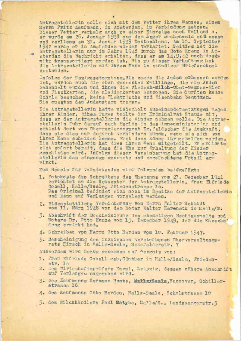 Antrag der Margarete Schwab auf Aufhebung des Ehescheidungsurteils, 1950 (LASA, C 128 Halle, Az. 4 R 306/41, Bl. 23 RS)