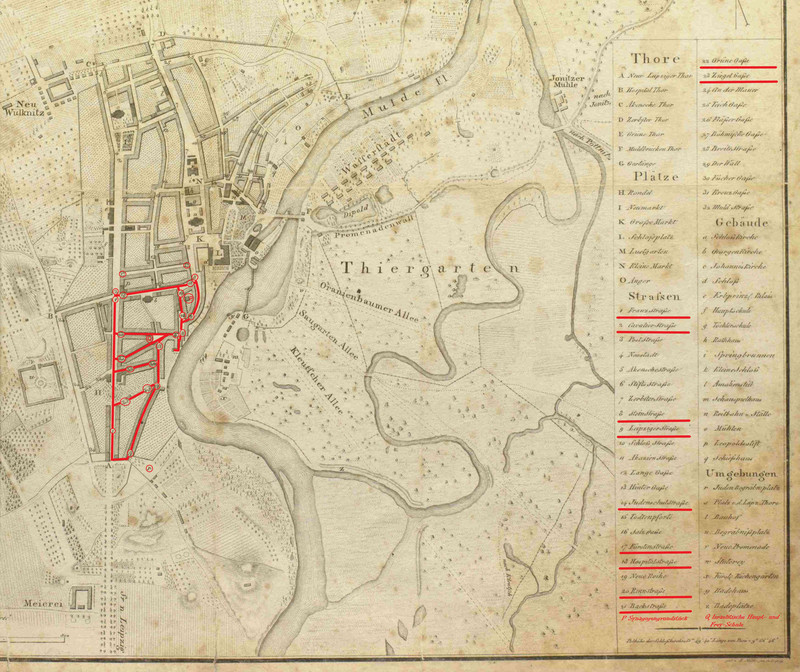 Orte jüdischen Lebens auf einem Plan der Stadt Dessau aus dem Jahr 1809 (LASA, Slg. 19, 11/D 462)