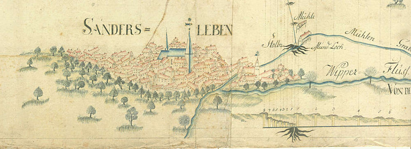 F 604, Risse III.B.14. Nr. 24/1: Grund- und Saigerriss über die Rotheweller, Trengeler und Todthügeler Reviere von 1746 (Ausschnitt). Klicken zum Vergrößern.