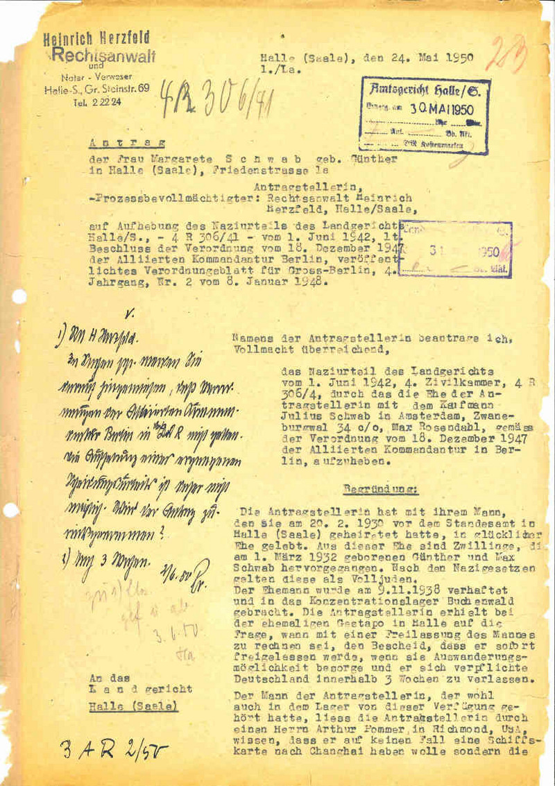 Antrag der Margarete Schwab auf Aufhebung des Ehescheidungsurteils, 1950 (LASA, C 128 Halle, Az. 4 R 306/41, Bl. 23 VS) 