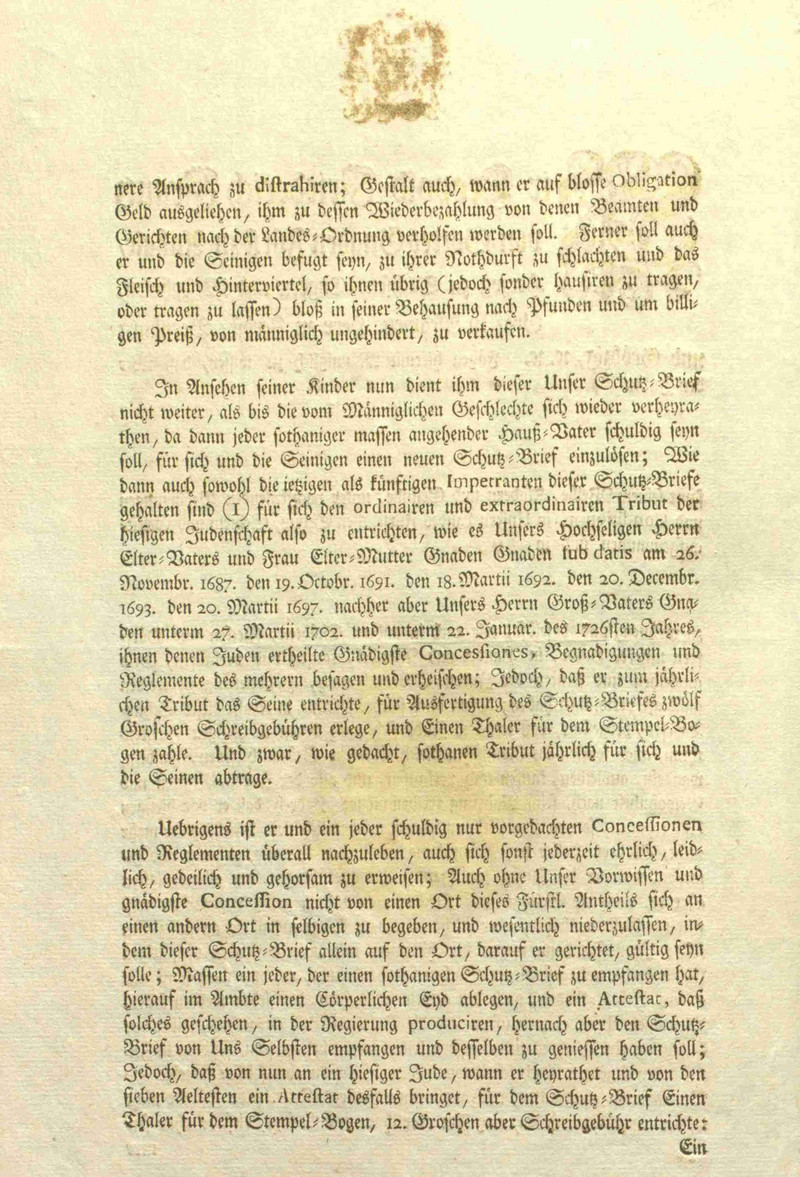 Schutzbrief des Fürsten Leopold Friedrich Franz von Anhalt-Dessau, 1761 (LASA, Z 44, C 15 Nr. 136, Bl. 37 RS)