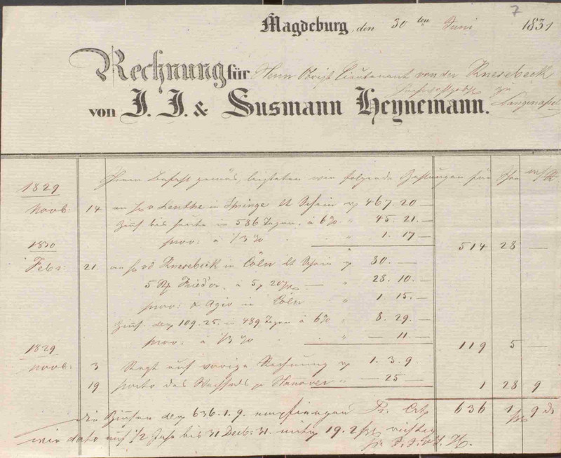 Rechnung des Bankiers Sußmann Heinemann in Magdeburg für Oberstleutnant von dem Knesebeck zu Langenapel (LASA, H 135, Nr. 697, Bl. 7)