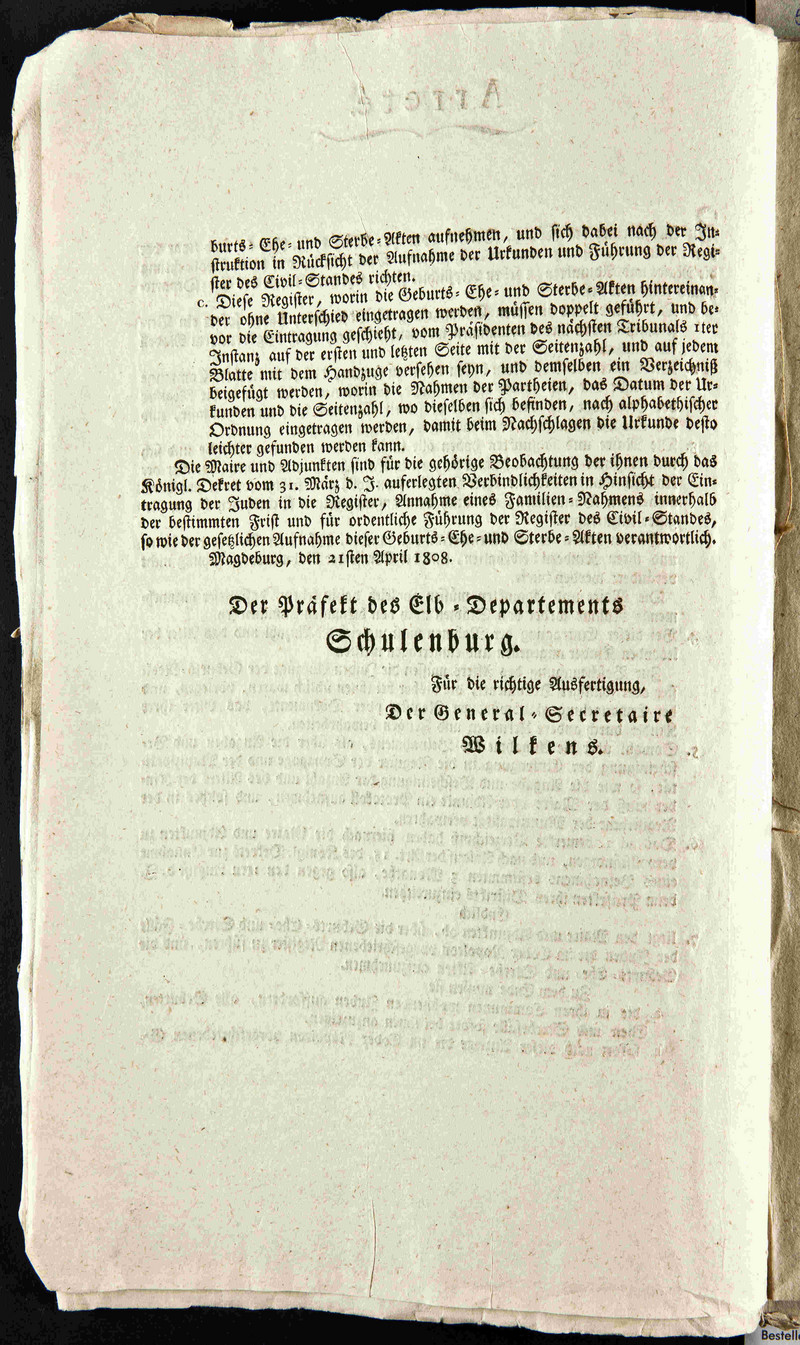 Dekret zur Einrichtung eines Konsistoriums und Bestellung von Syndiken zur Aufsicht über den jüdischen Gottesdienst vom 31. März 1808 (LASA, B 19d, Nr. 100, Bl. 6 RS)