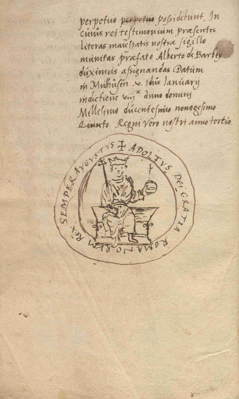 Rückseite der Urkunde von 1298 mit Thronsiegel Adolfs von Nassau (LASA, A 31a, Nr. 497, Bl. 1 RS)