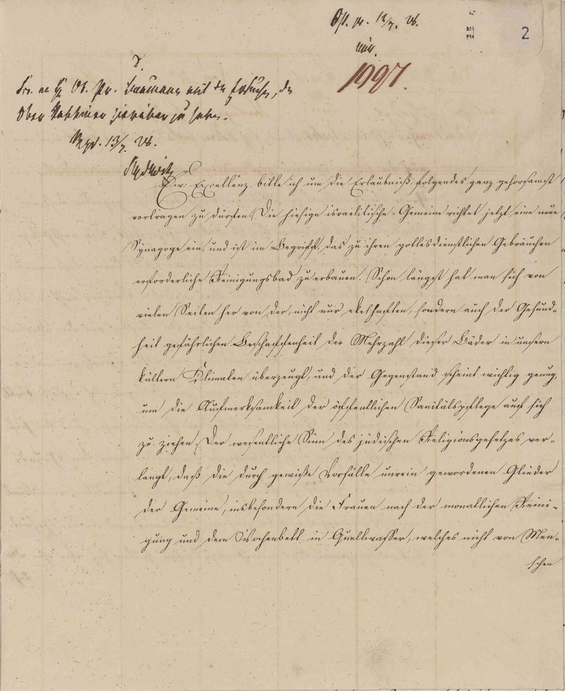 Gesuch des Dr. Andreae an den Oberpräsidenten zum Bau einer Synagoge und einer Mikwe vom 8. Juli 1828. (LASA, C 20 I, Ia Nr. 2357, Bl. 3 VS)