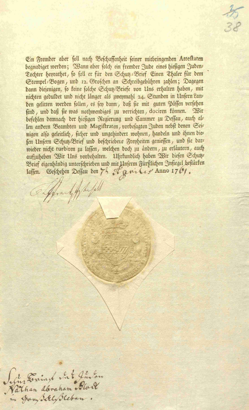 Schutzbrief des Fürsten Leopold Friedrich Franz von Anhalt-Dessau, 1761 (LASA, Z 44, C 15 Nr. 136, Bl. 38r)