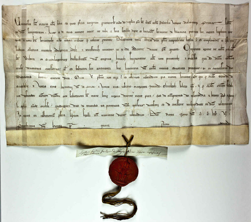Abbildung Ablassurkunde des Primas von Venetien und Dalmatien für das Quedlinburger Walpertistift (U 9, C I Nr. 52). Klicken zum Vergrößern.
