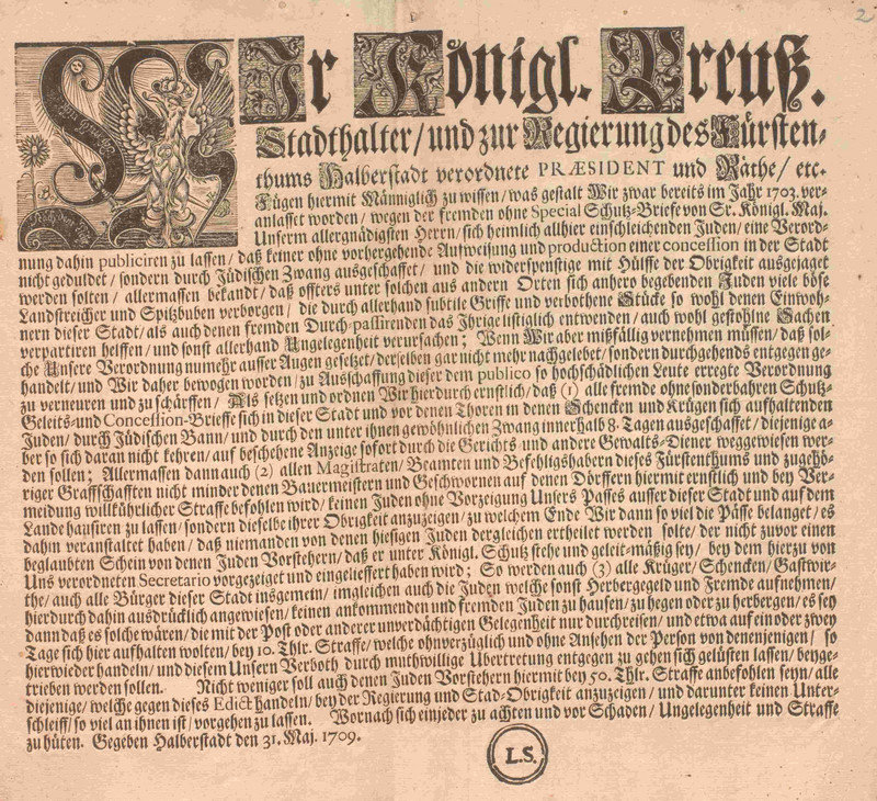 Landesherrliches Edikt bezüglich der Juden im Fürstentum Halberstadt vom 31. Mai 1709 (LASA, H 4, Nr. 3135, Bl. 2)