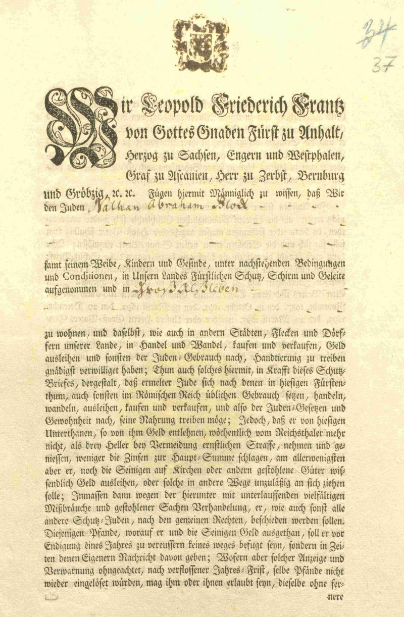 Schutzbrief des Fürsten Leopold Friedrich Franz von Anhalt-Dessau, 1761 (LASA, Z 44, C 15 Nr. 136, Bl. 37 VS)