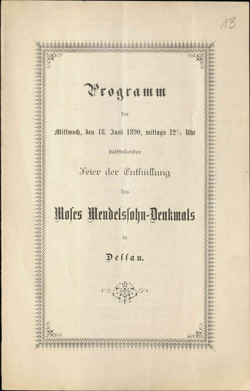 Programm der Feier der Enthüllung des Moses Mendelssohn-Denkmals am 18. Juni 1890 in Dessau (LASA, E 122, Nr. 8, Bl. 13 VS)