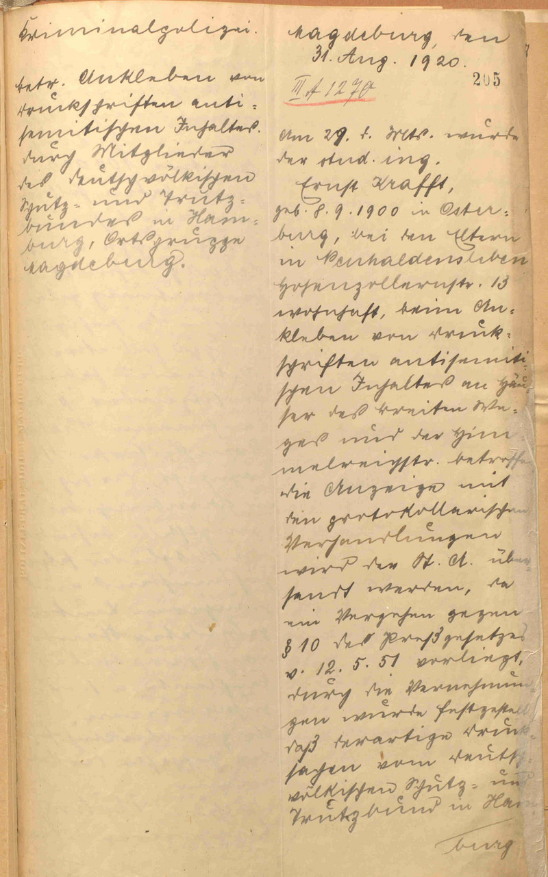 Seite 1 des Berichts der Kriminalpolizei Magdeburg vom 31. August 1920 zu den nächtlichen Vorkommnissen (LASA, C 29, Nr. 150, Bl. 205)